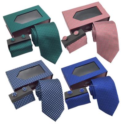 China Wholesale Cheap Classic 100%Polyester Men's Tie Set Custom Men's Business Tie Set Cufflink Handkerchief Neck Tie Set Gift Box for sale