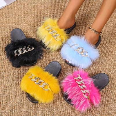 China Fashion Trend Hot Selling Long Plush Shoes Women Plush Sandals Faux Fur Flat Bottom Slippers For Women for sale