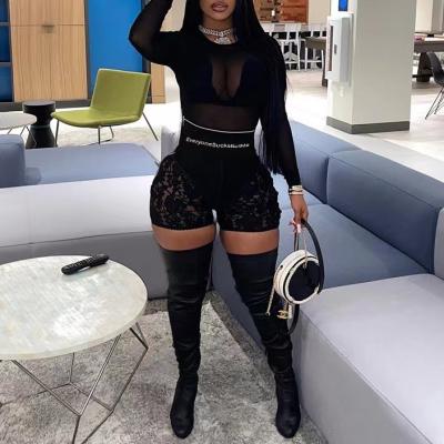 China Breathable Lady Lace High Waisted Zipper Shorts Black See Through Short Patchwork Pants for sale