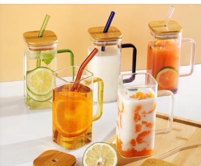 China 2023 Viable Hot Selling Square Shaped Milk Juice Coffee Tea Jar Glass Water Cups With Lid And Straw for sale