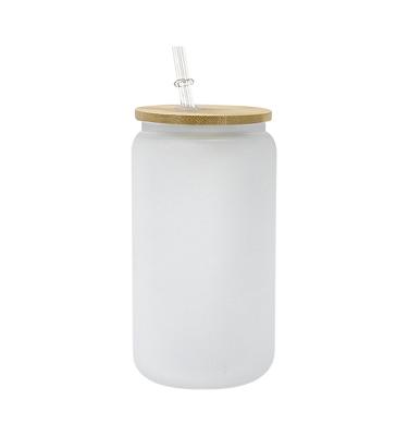 China DIY Sublimation Custom 16oz Clear Frosted Sublimation Glass Blanks Mason Jar Beer Can With Bamboo Lid for sale