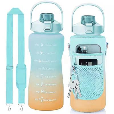 China Sustainable Motivational Water Bottle 2 Liter With Sleeve Carrier Storage Phone Pouch And Strap Bpa Free Wide Mouth Leakproof Durable for sale