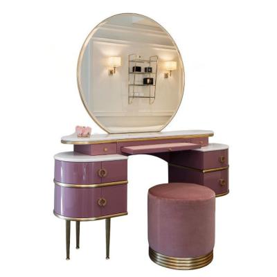 China Bedroom Lights Small Vanity Desk Pink Table With Stool Plaid Design for sale