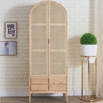 China Wooden Wardrobe Closet Modern Rattan Clothes Storage Cabinet 2 Door Solid Wood 75*58*201cm for sale