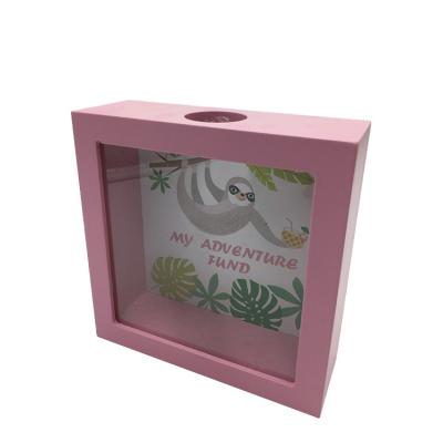 China Wooden Pink Square Wooden Shadow Box Coin Storage Money Bank For Children NC ASW19070 14.5*14.5*5CM; ZHE ASM MDF and plastic, wood for sale