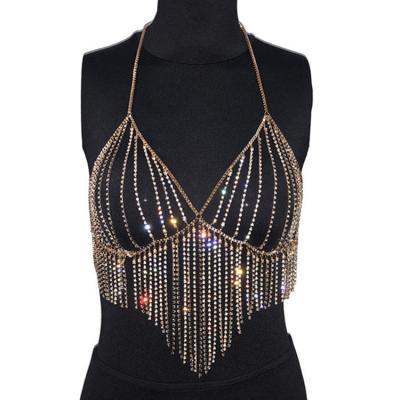 China W-C-500A Fashion Women's European Crystal Sequin Rhinestone Metal Body Jewelry Shinning Chain Bra for sale