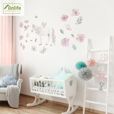 China Decorative Sticker Funlife Unicorn Wall Decal Floral Peel and Stick Art Wall Sticker for Kids Play Room and Nursery Decoration for sale