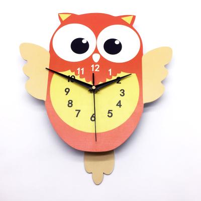 China Antique Style Owl Pendulum Wall Clock with Swinging Tail Kids Clock 3d Wall Clock for Bedroom Kids Room Size: 28x32.6cm for sale