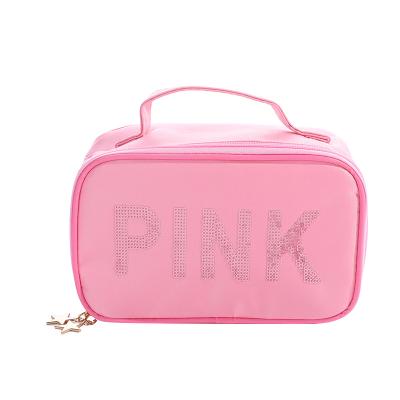 China Portable Pink Sequin Cosmetic Bag Toiletry Bag Square Makeup Case Box Fashion Handle Organizer Bag for sale