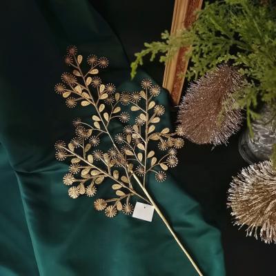 China 74.5CM Green Environmental Protection Color Metallic Leaves Spray Long Stem With Glitter To Wedding Christmas Home Decoration for sale