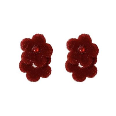 China Mini CLASSIC red flocking flower earrings suitable for winter_exquisite high-end earrings for retro for sale