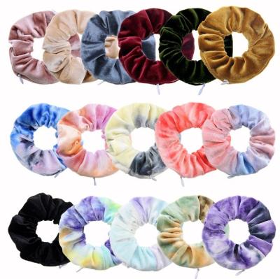 China Factory style pocket style hair silk hair scrunchies custom European and American elastic velvet ties with zipper for sale