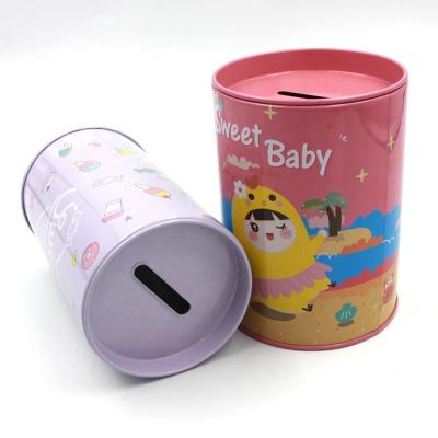 China Eco-friendly Cylinder Metal Material Tin Coin Bank Safe Money Box Around Tin Coin Bank For Gift for sale