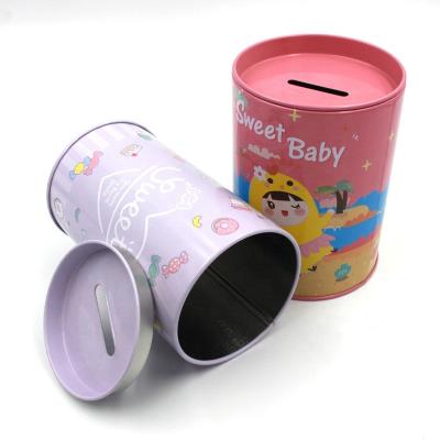 China Eco - Friendly Material Round Shaped Metal Tin Coin Piggy Bank For Kids , Money Saving Tin Box for sale