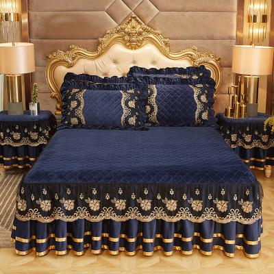 China Wholesale Custom Home Embroidery Lace Up Luxury Solid Color Bed Skirt Set for sale