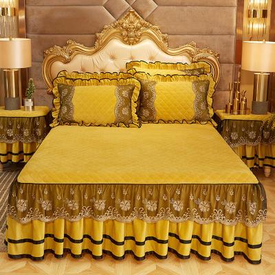 China Wholesale Custom Home Embroidery Lace Up Luxury Solid Color Bed Skirt Set for sale