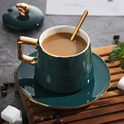 China Sustainable Green Glazed Coffee Cup And Saucer Set With Lid Fashion Style Simple Afternoon Tea Time The Manufacturer for sale