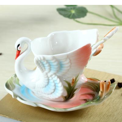 China Colorful Viable Glaze White Swan Coffee Cup and Saucer Set Ceramic Afternoon Tea Time Handmade Manufacturer for sale