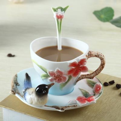 China Colorful Viable Enamel Ceramic Magpie Coffee Cup And Saucer Set Handmade Enamel Porcelain Manufacturer for sale