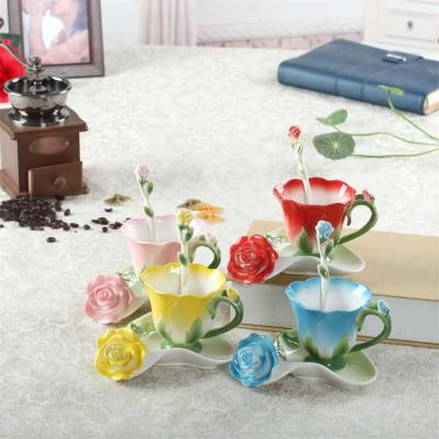 China Viable Colorful Enamel Handmade Rose Coffee Cup And Saucer Set Maker Coffee Cups Shaped Like Flowers for sale