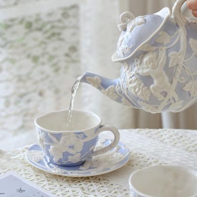 China Sustainable European Relief Painted Porcelain Teapot Ceramic Coffee Cup And Saucer Set With Cup Teacup Sets With Tray for sale