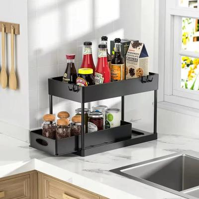 China ABS Viable Under Sink Organizer With Sliding Storage Drawer 2 Tier Cabinet Baskets Universal Under Sink Storage Bathroom Kitchen for sale