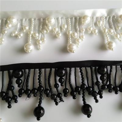 China NEW DELACE Handmade Design Black and White Beads Beaded Tassel Lace Trim Crystal Rhinestone Trim Hand Beaded Fringe Teim Lace for sale