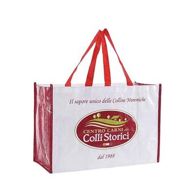 China China Eco Friendly Red And White Handled Lamination PP Woven Shopping Bags for sale