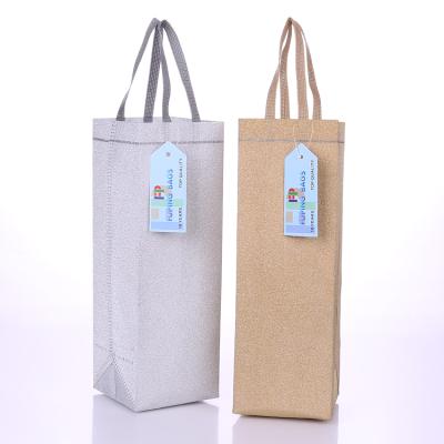 China Simple Handled Reusable Portable Nonwoven Wine Bottle Gift Carrier Bags Silver Gold for sale