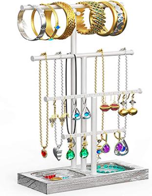 China Simple 3 Tier Tree Jewelry Organizer with Metal Stand and Paulownia Wood Storage Base, Necklaces Bracelets Earrings Rings Holder for sale