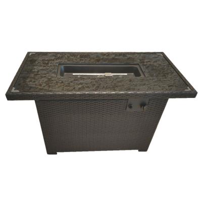 China Stocked 43 inch exterior rectangular glass top with black coffee color rattan gas fire pit for sale