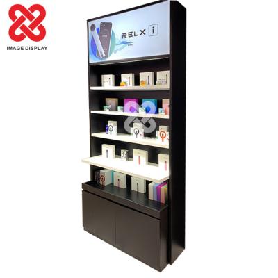 China RELX Vape Mall Kiosk Wood Display Stand Single Sided Cigarette Store Display Racks Tobacco Shop Shelves for sale