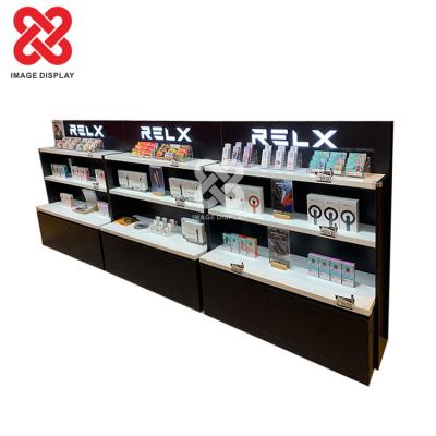 China Single Sided Custom Design Cigarette Store Display Rack Wooden Tobacco Shop Shelves Mall Vape Kiosk Display Stand for sale