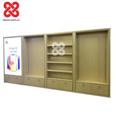 China Retail Store Single Sided Smart Cell Phone Mobile Accessories Floor Rack Wood Wall Display Stand for sale