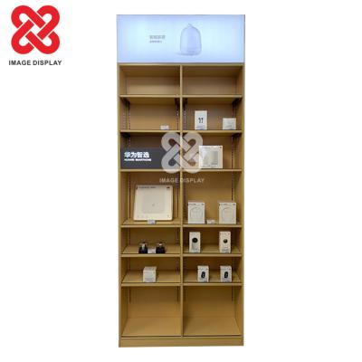 China Single-Sided High Quality Wood Smart Mobile Accessories Cell Phone Show Racks Metal Stand Sanding Shelves for sale