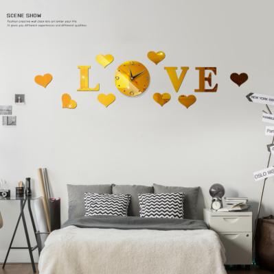 China 3D Wall Clock Gold Love Mirror Shape Wall Clock Antique Creative Acrylic Dark Home Sticker DIY Style Interior Decoration for sale