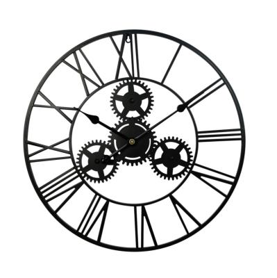 China Metal Gear Antique Design Classic Style 20INCH 50cm Iron Skeleton Roman Numerals Home Decor Black Round Industrial Clock for sale