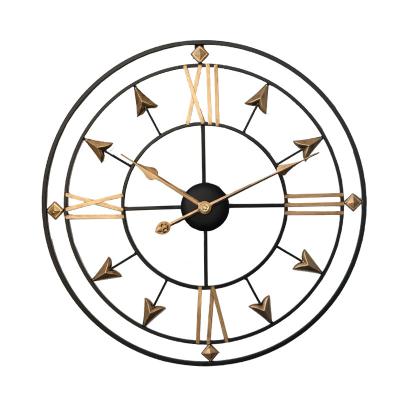 China Antique Style 60cm Interior Decor 24inch Extra Large Black Iron Watch Handcrafted Round Skeleton Roman Wall Clock With Gold Arrow for sale