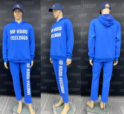 China Unisex Custom Patch Chenille Mens Thick Fleece Embroidery Logo Blue Hoodie Set Custom Sweatshirt Sweatsuit Sweat Suit Tracksuit for sale