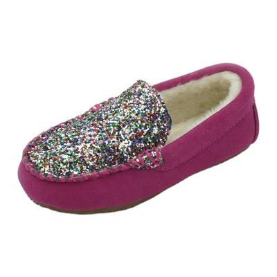 China Warmlab Round Sequin Stunning Light With Colorful Faux Fur Top Collar Casual Sparkle Loafer For Girl for sale