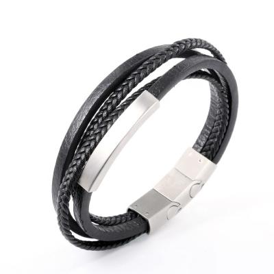 China Factory Wholesale TRENDY Multi Layer Stainless Steel Braided Jewelry Fashion Leather Bracelet For Men for sale