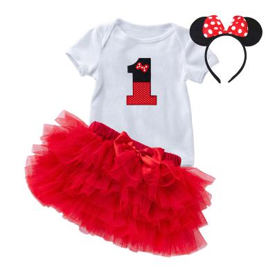 China Newborn Baby First Birthday Polka Dots Breathable Ear Romper Tulle Dress Mouse Baby Clothes Minnie DGRT-005 for sale