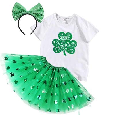 China Sweetie Teams 2021 Short Sleeve T-shirt Green Tutu Skirt Soft Modal Headband 3pcs St Patrick's Day Dress DGHB-024 for sale