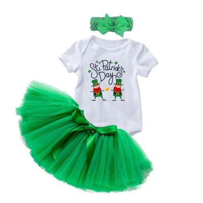 China Breathable Kids Clothes 3pcs Baby Headband 1st St Patricks Day Outfits 2021 Romper Tops+Tutu Skirts DGHB-023 for sale