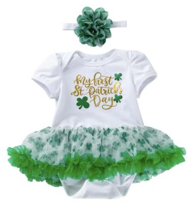 China 2021 Trends Baby Clothes Girls Cotton Romper St Patrick's Day Breathable Dress Set Outfit With Headband DGHB-023 for sale