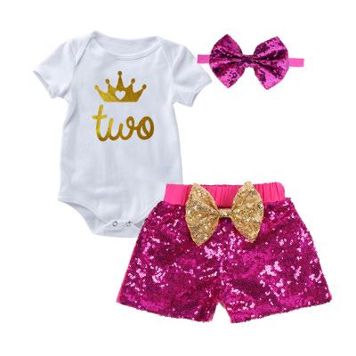 China Breathable Cute Shamrock Romper Sequins Shorts Bow Headband Clothes Set Babies St. Patrick's Day Outfit DGRT-092 for sale