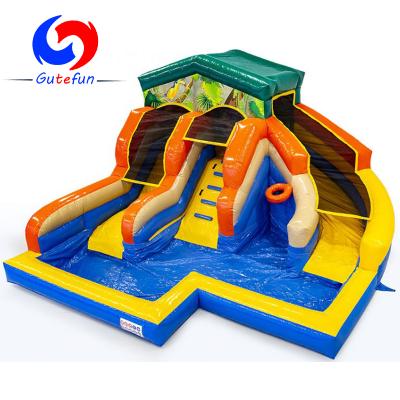 China Commercial rental; Amusement water park; Events and Entertainment GUTEFUN HOT Sale Two Lane Inflatable Water Slide City with Pool, Double Lane Inflatable Water Slide Island for Kids for sale