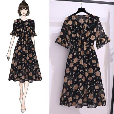 China 2021 anti-static plus size women's summer french style western chiffon sheath slim and very fairy floral dress for sale