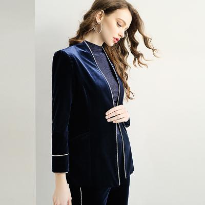 China Anti-wriked 2021In Stock ODM Designs Customized Lady Elegant Slim Velvet Casual Luxury Navy Autumn Suit Set Fashionable Women's Clothing for sale