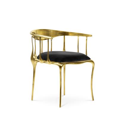 China Transitional Luxury stainless steel golden back frame and legs fabric upholstered dining room royal golden dining chair for sale